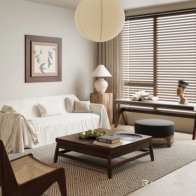 Living Room Interior Design With White Sofa Wooden Coffee Table Decorative Painting And Window Blinds 3d model 