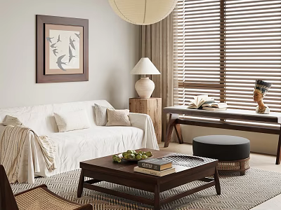 Living Room Interior Design With White Sofa Wooden Coffee Table Decorative Painting And Window Blinds 3d model