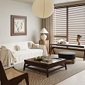 Living Room Interior Design With White Sofa Wooden Coffee Table Decorative Painting And Window Blinds