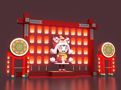 Chinese-style National Tide Drum Lantern New Year New Year Cartoon Children Tiger Skin Hat Beautiful Chen Photo Card 3d model