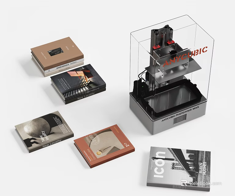 Decorative Ornament Set With Transparent Acrylic Display Case Colorful Boxes And ICON Magazine 3d model 