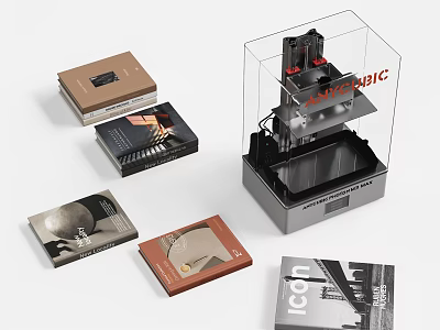 Decorative Ornament Set With Transparent Acrylic Display Case Colorful Boxes And ICON Magazine 3d model