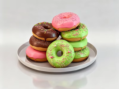 Colorful Frosted Donuts with Pink Green Brown Sprinkles on White Plate Light Background 3d model