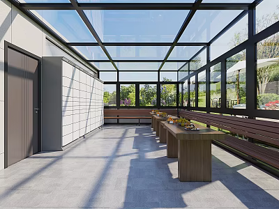 Bright Glass Sunroom Leisure Area With Comfortable Wooden Furniture And Pleasant Outdoor Natural Green View 3d model