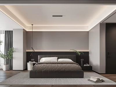 Modern Bedroom Interior Design With Comfortable Bed Nightstand Indoor Plant And Area Rug 3d model