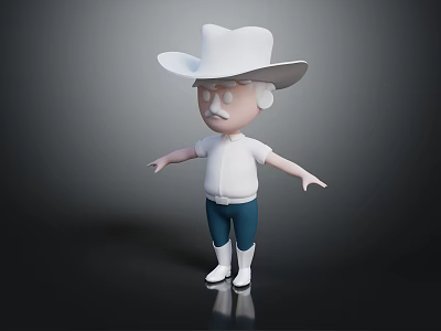 Cartoon Cowboy Character With White Hat Mustache And Blue Pants 3d model