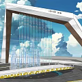Modern Entrance Gate With Architectural Design Crystal Glass Panels Circular Driveway