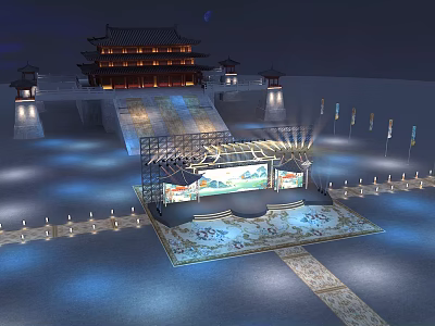 Traditional Chinese Stage With Ancient Architecture Background Illuminated Lighting And Ornate Decorations 3d model