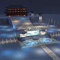 Traditional Chinese Stage With Ancient Architecture Background Illuminated Lighting And Ornate Decorations
