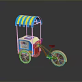Red Bicycle with Blue and Yellow Striped Canopy and Blue White Cart