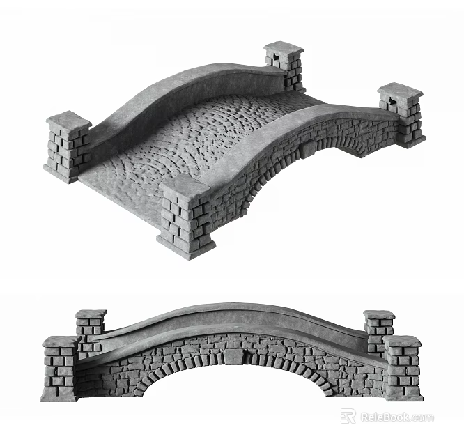 Traditional Stone Arch Bridge Structure With Brick Paved Surface And Pillar Supports Design 3d model