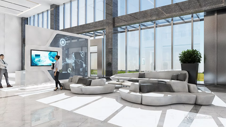 Bright Shopping Mall Lobby With Large Glass Windows Modern Sofas And Digital Screen 3d model