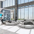 Bright Shopping Mall Lobby With Large Glass Windows Modern Sofas And Digital Screen 3d model