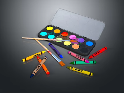 Colorful Watercolor Paint Set With Assorted Crayons And Paintbrushes For Creative Art Supplies 3d model