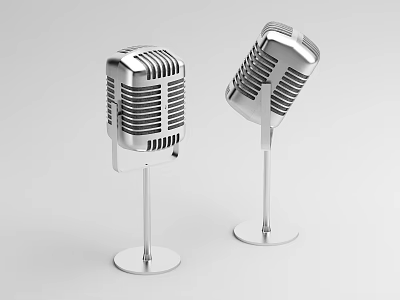 Vintage Silver Microphones with Metal Stands on White Background for Studio Use 3d model