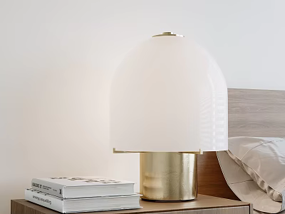 Modern Table Lamp With White Lampshade And Gold Base On Bedside Table With Books 3d model