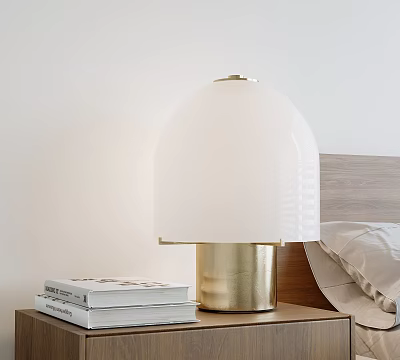 Modern Table Lamp With White Lampshade And Gold Base On Bedside Table With Books 3d model