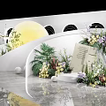 Elegant Decorative Setup With Moon White Curved Structures Greenery Flowers And Reflective Floor 3d model