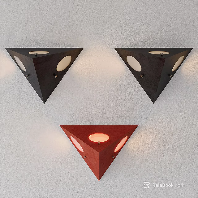 Modern Triangular Wall Lamps Black Red with Round Light Panels Mounted on White Wall 3d model
