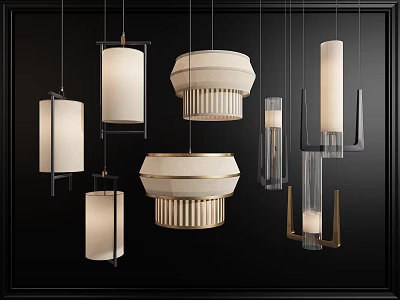 Modern Pendant Lights With Assorted Designs Fabric Shades Metal Frames And Glass Elements 3d model