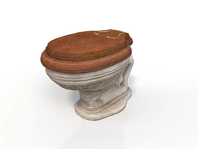 Elegant Home Bathroom Toilet With Wooden Seat And Carved White Base 3d model