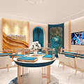 Jewelry Store Interior With Blue Display Cases Golden Frames White Chairs And Mirrors