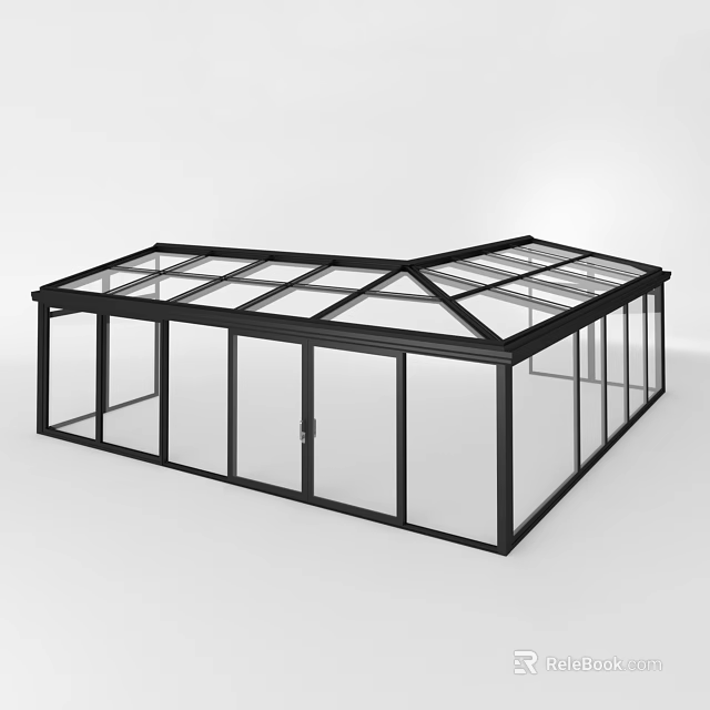 Modern Glass Conservatory Structure With Black Frame And Large Glass Panels 3d model 