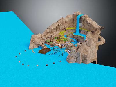Scenic Landscape With Blue Water Rocky Terrain Blue Slide Red Buoys And Small Structures 3d model