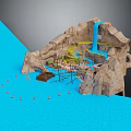 Scenic Landscape With Blue Water Rocky Terrain Blue Slide Red Buoys And Small Structures