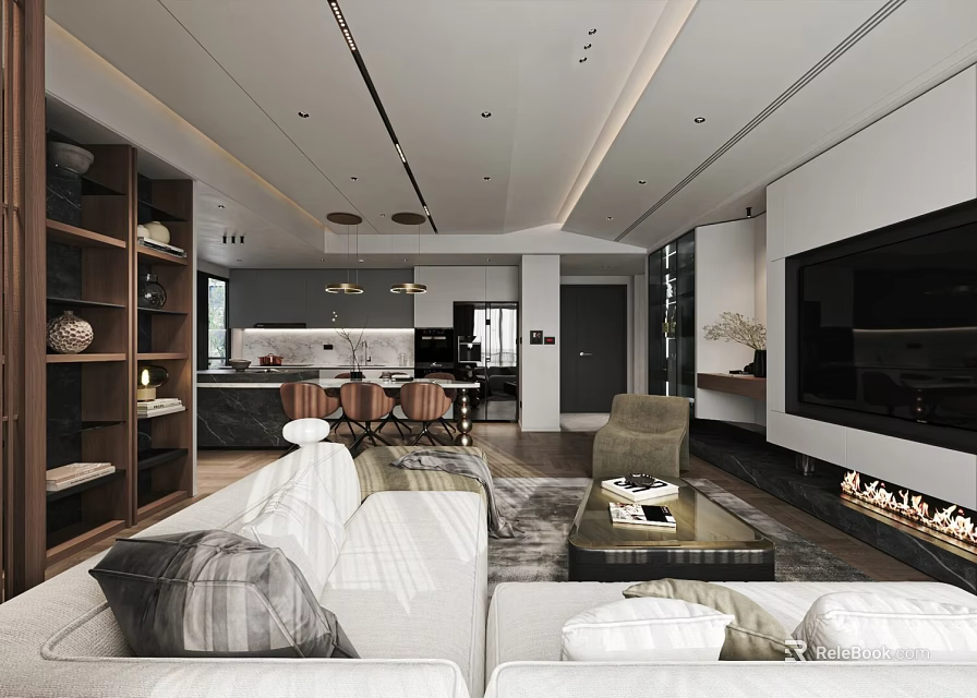 Modern Living and Dining Room Interior With White Sofa Coffee Table TV Fireplace Dining Table 3d model 