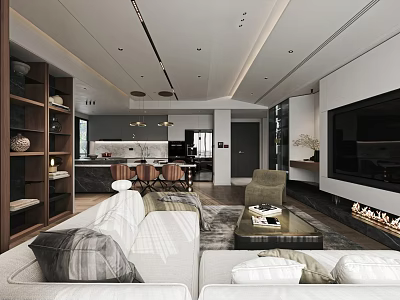 Modern Living and Dining Room Interior With White Sofa Coffee Table TV Fireplace Dining Table 3d model