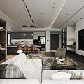 Modern Living and Dining Room Interior With White Sofa Coffee Table TV Fireplace Dining Table