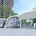 Modern Entrance Gate With High Rise Buildings And Green Trees In Open Space