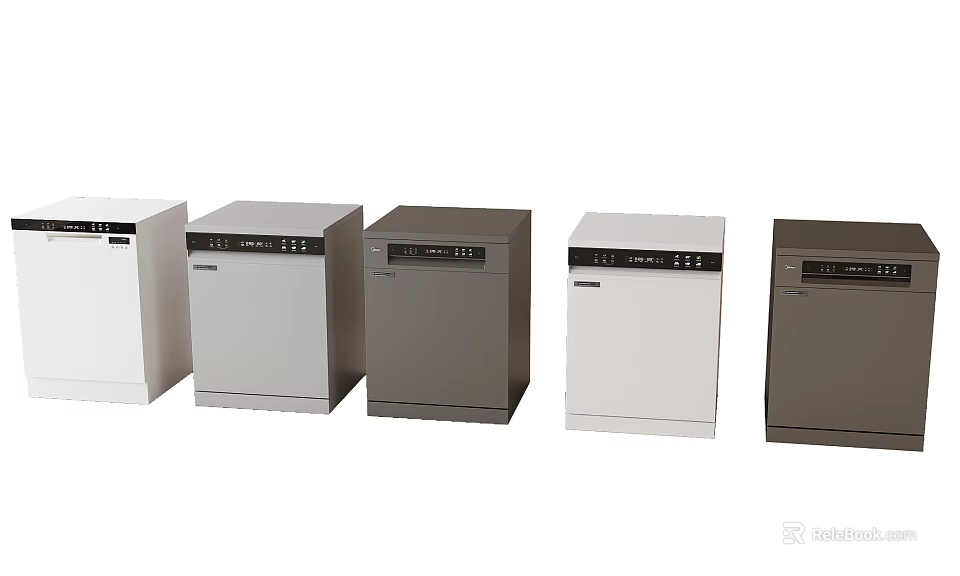 Modern Kitchen Appliances Featuring Different Colored Dishwashers Arranged Side By Side 3d model