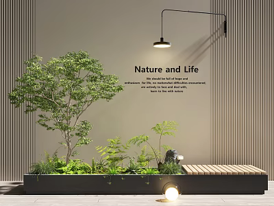 Tranquil Interior Landscape With Vertical Striped Wall Hanging Lamp Green Planter And Bench 3d model