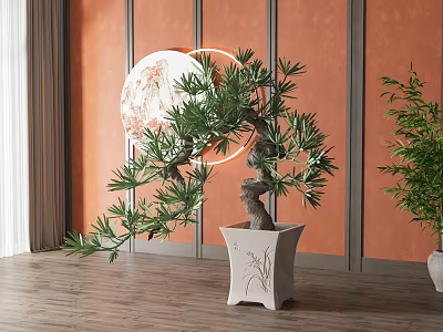 Bonsai Plant In White Decorative Pot With Circular Artwork And Orange Wooden Wall 3d model