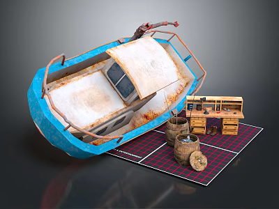 Rusty Blue Boat Near Workbench And Barrels On Checkered Mat 3d model