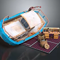 Rusty Blue Boat Near Workbench And Barrels On Checkered Mat