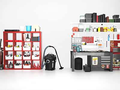 Organized Hardware Workshop with Red Shelves Tools Vacuum Cleaner and Workbench 3d model