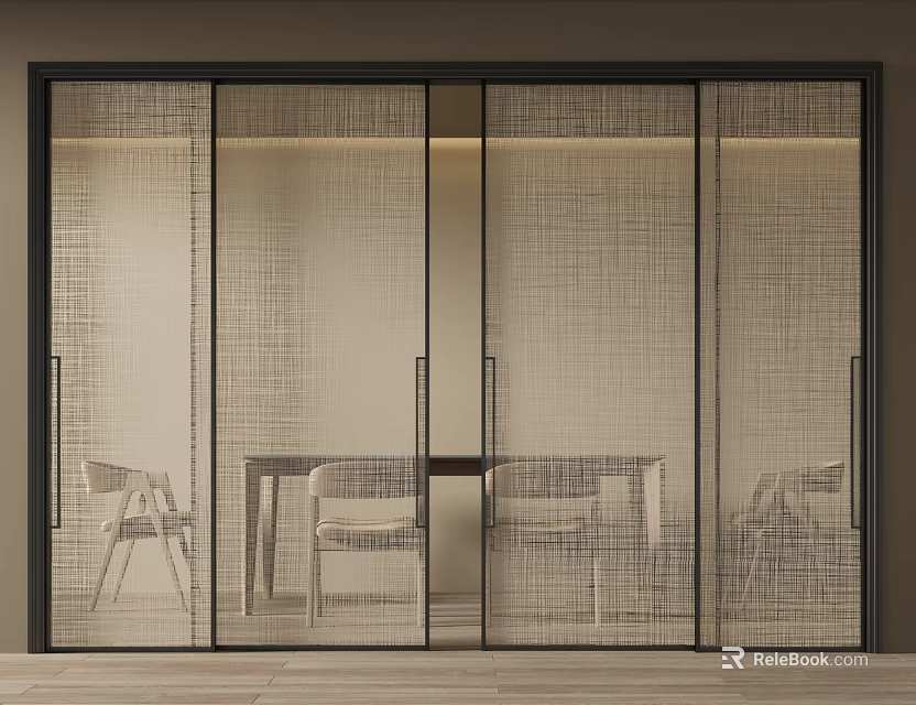 Modern Sliding Doors With Textured Glass In Contemporary Dining Interior 3d model 
