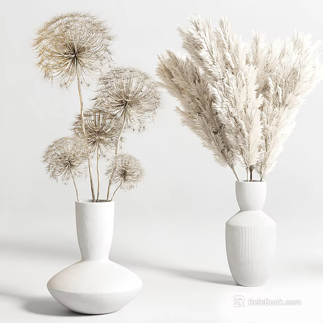 Minimalist White Ceramic Vases With Dried Flowers Round Base And Ribbed Texture Design 3d model 