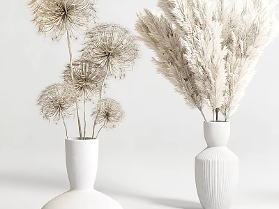 Minimalist White Ceramic Vases With Dried Flowers Round Base And Ribbed Texture Design 3d model