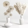 Minimalist White Ceramic Vases With Dried Flowers Round Base And Ribbed Texture Design