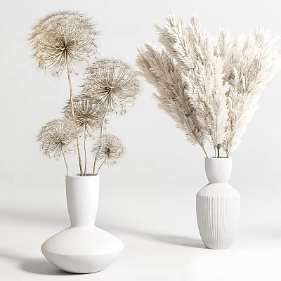 Minimalist White Ceramic Vases With Dried Flowers Round Base And Ribbed Texture Design 3d model