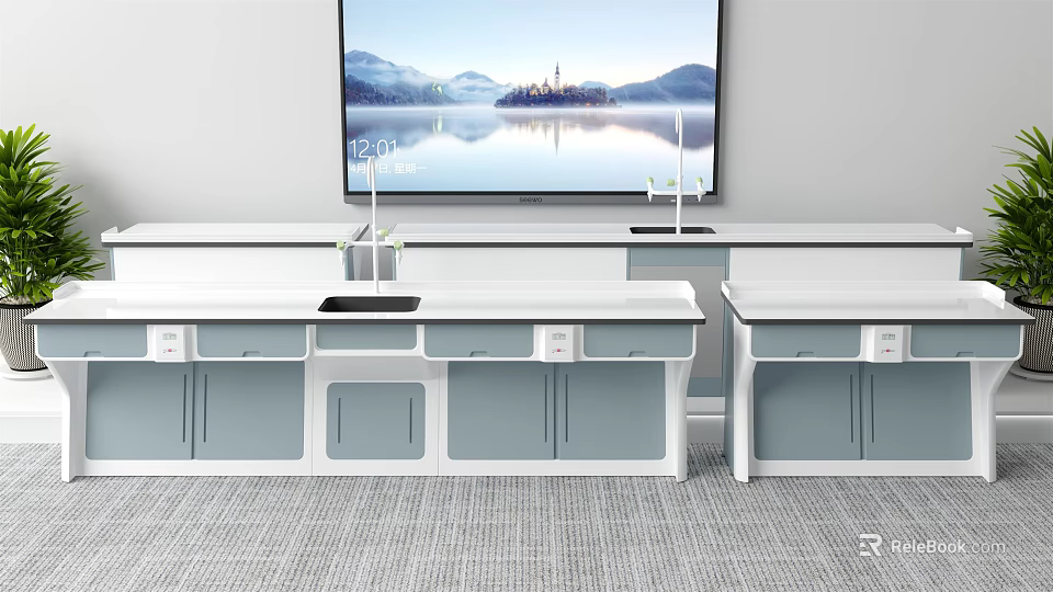 Modern Interior White Functional Desk with Gray Cabinets and Wall Mounted Large Scenic TV 3d model 