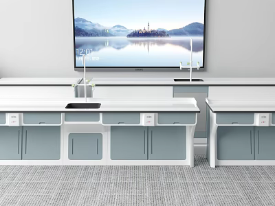 Modern Interior White Functional Desk with Gray Cabinets and Wall Mounted Large Scenic TV 3d model