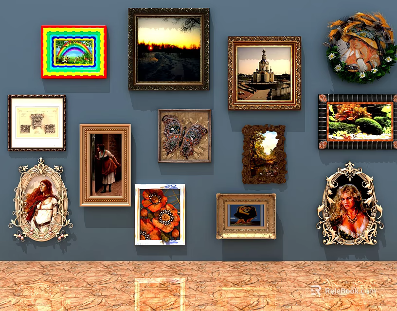 Artistic Photo Wall Display With Various Framed Images Including Landscape Portrait Butterfly And Fruit 3d model 