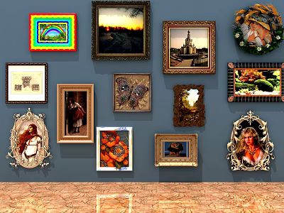 Artistic Photo Wall Display With Various Framed Images Including Landscape Portrait Butterfly And Fruit 3d model
