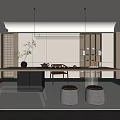 Modern Tea Room Interior Design With Long Wooden Table Stools Tea Sets And Shelves