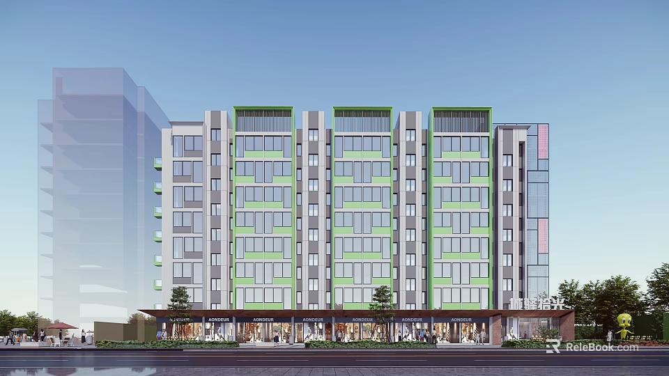 Rural Self Built Multi Storey Building With Green Gray Exterior And Ground Floor Shops 3d model 